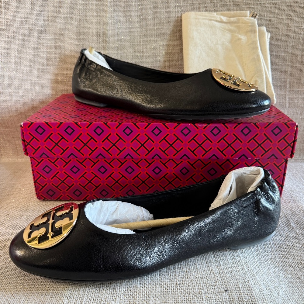 Tory Burch Black/Gold Goat Leather Claire Ballet Flats US 9 new dust bag - Picture 8 of 17